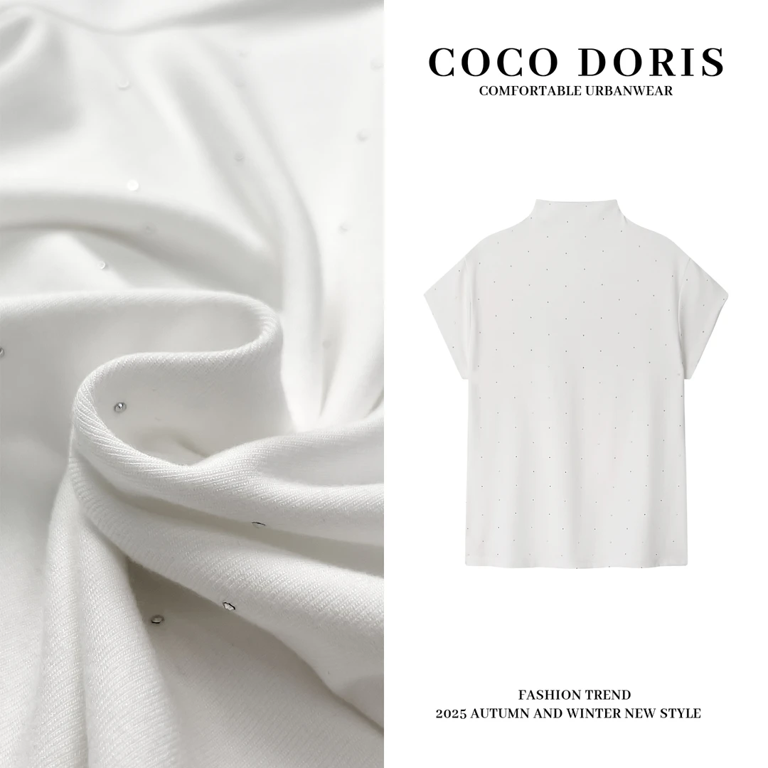 COCO DORIS 半高领短袖烫钻满天星轻职风T恤潮流宽松百搭上衣8235