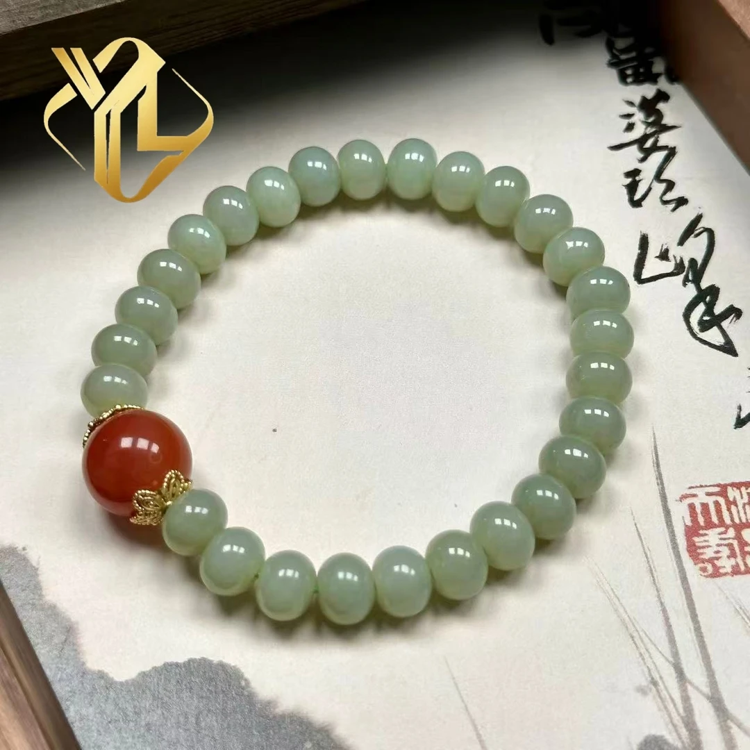 和田玉浅晴水配南红顶珠手串--sl021