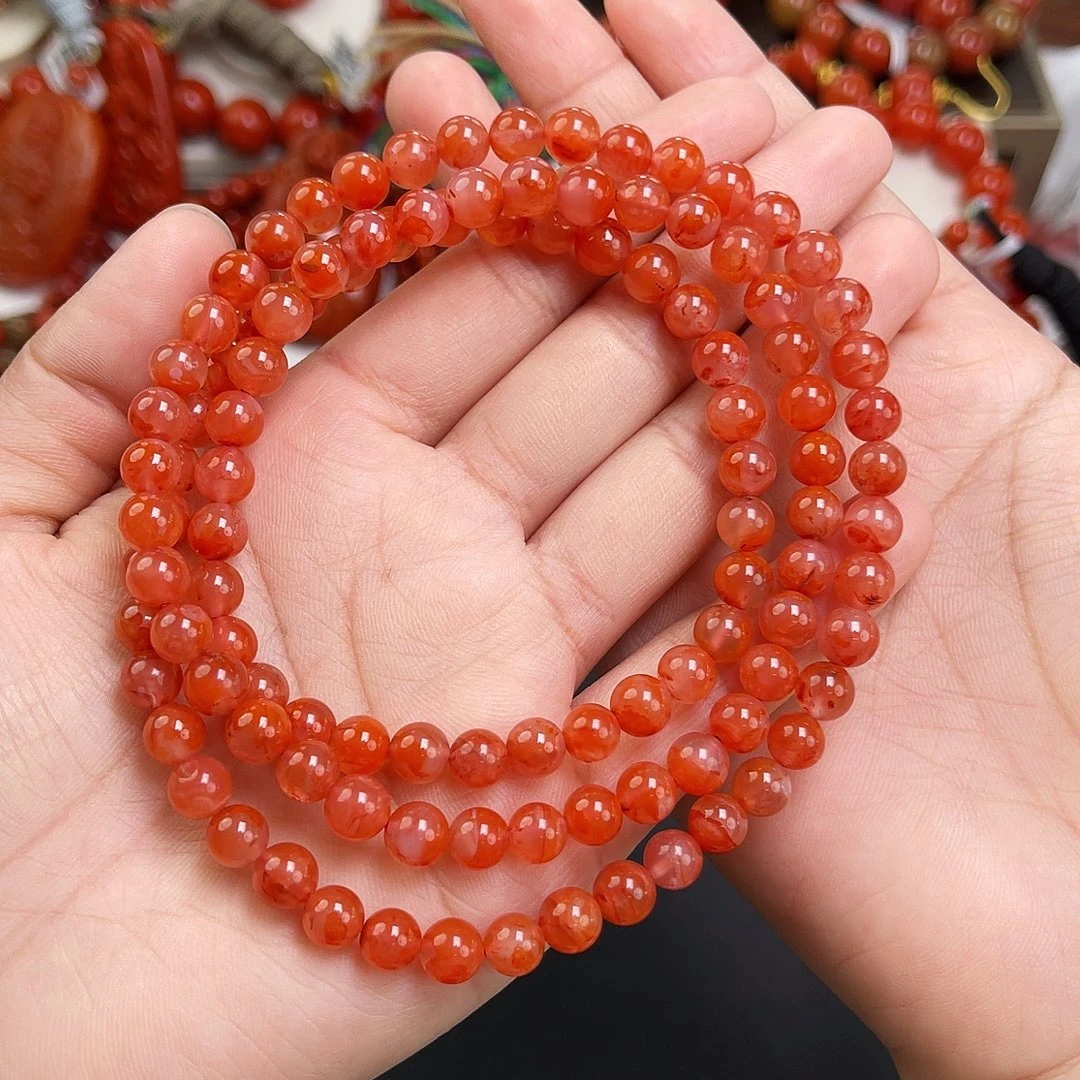 南红玛瑙未镶嵌手链九口冰飘圆珠多圈6mm