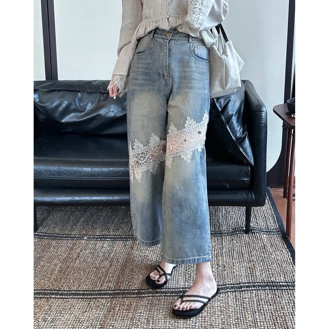 夏高腰重工烫钻镂空花边百搭显瘦洋气简约直筒牛仔阔腿裤-9578