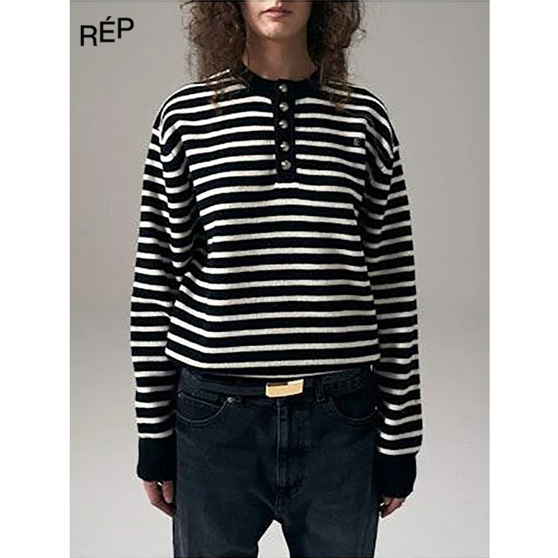 【6折】REP-NOICE品牌藏青/黑白条纹半开领针织上衣（特价NO退换）