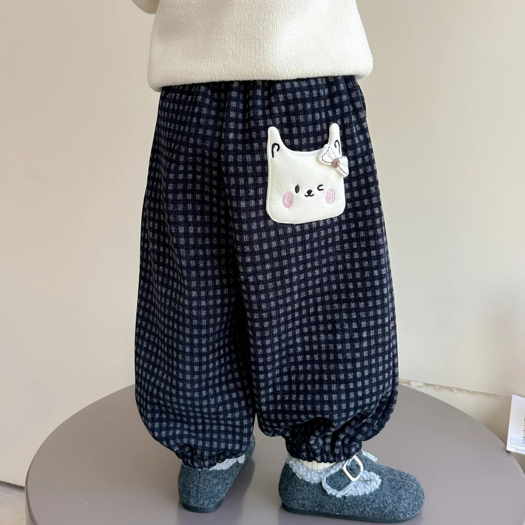 女童加绒格子裤2025秋冬新款儿童加厚一体绒休闲裤洋气宝宝束脚裤