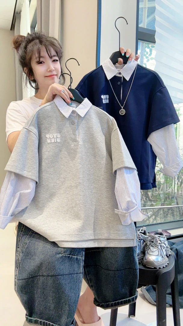 假两件儿童POLO衫长袖T恤男女童休闲宽松时尚衬衫百搭拼接上衣潮C