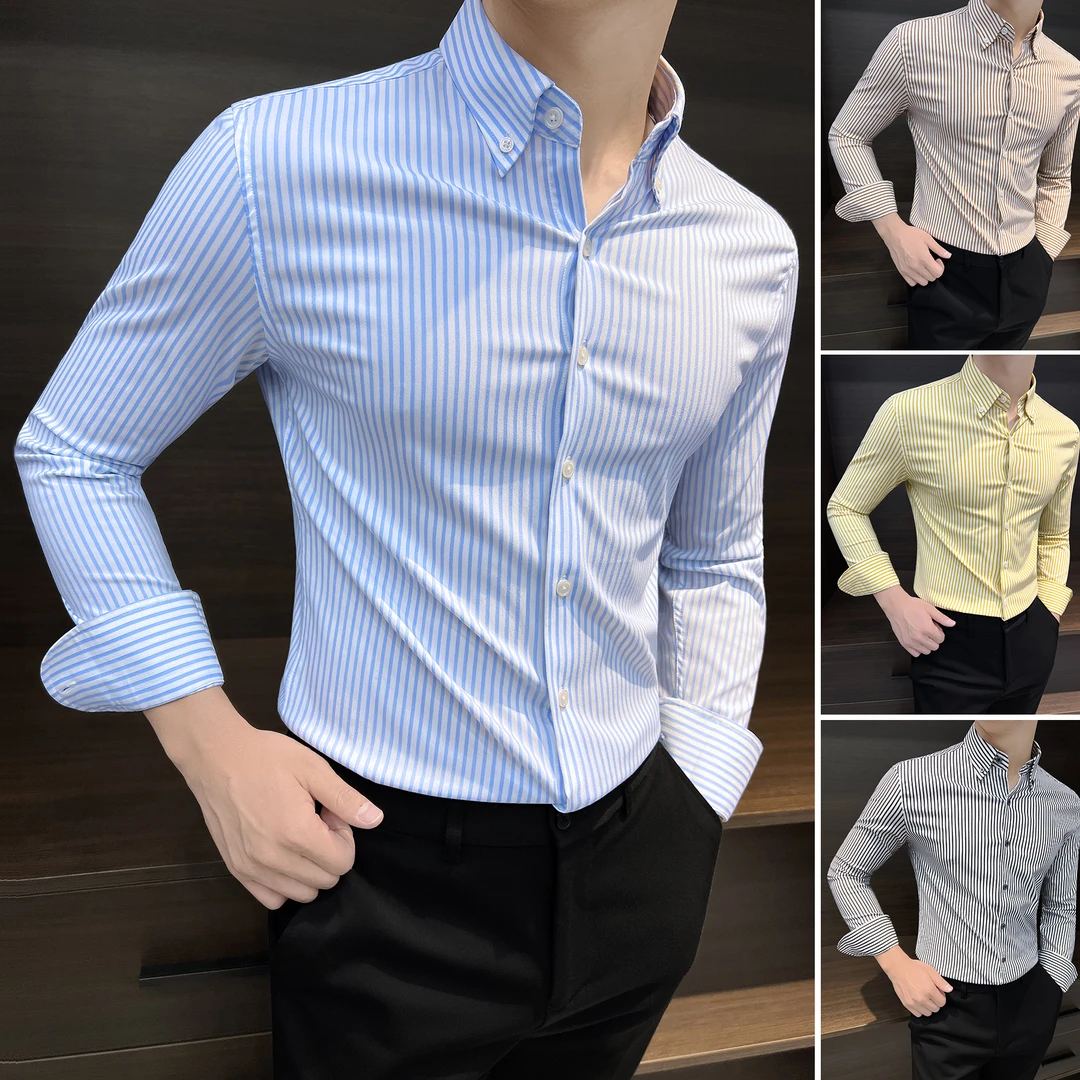 竖条纹长袖衬衫男款新款2025爆款商务男装轻奢高级感男士休闲衬衣