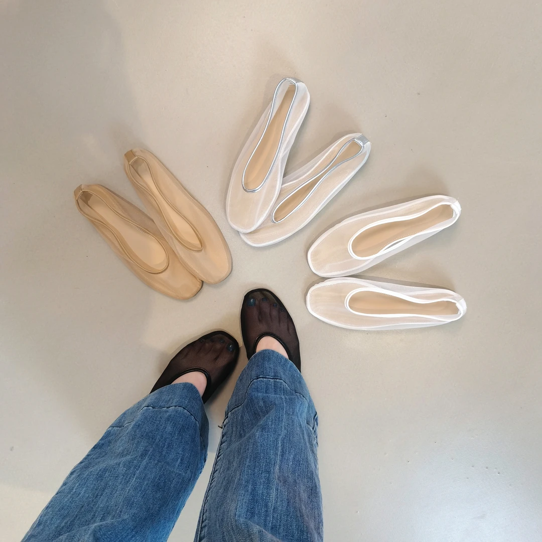 小众轻奢欧美极简风方头透明网纱平底单鞋软底芭蕾舞鞋凉鞋女
