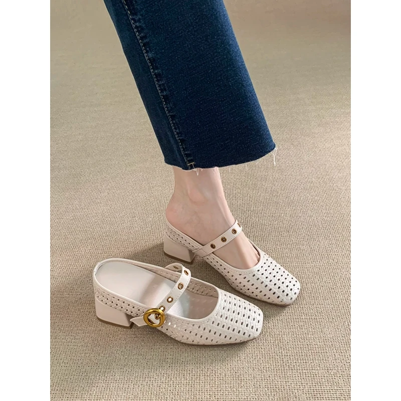 法式镂空透气包头半拖鞋女夏季2025新款真皮方头一字带玛丽珍凉拖