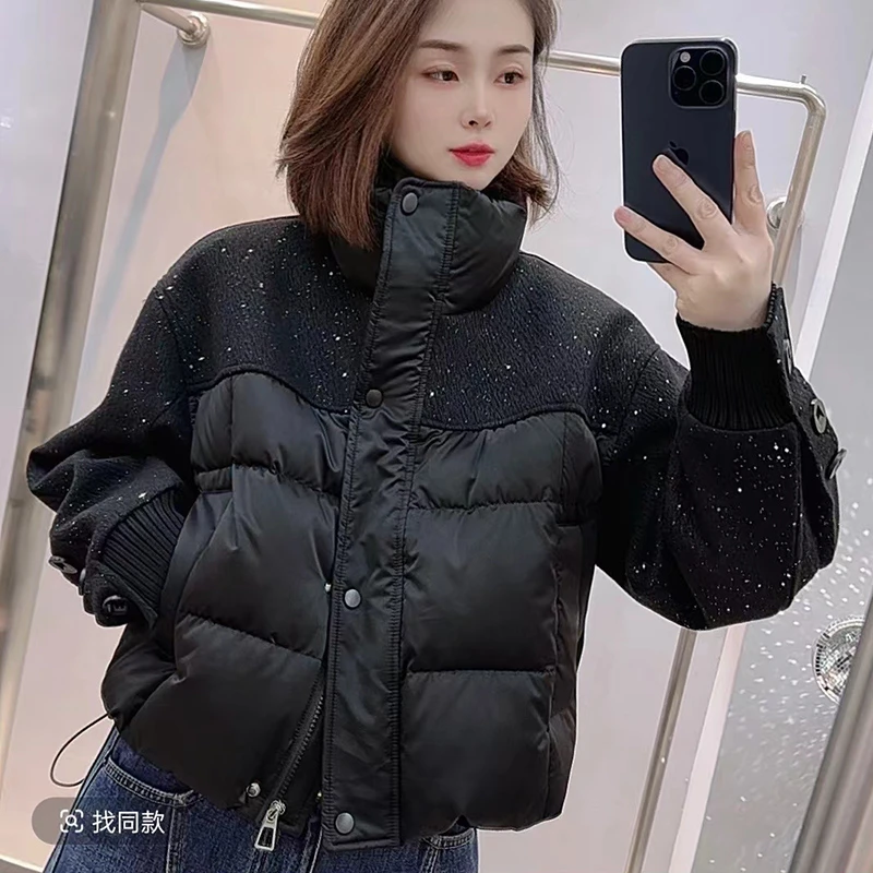 立领短款面包服服女小个子冬季新款百搭亮片拼接黑色休闲外套棉服