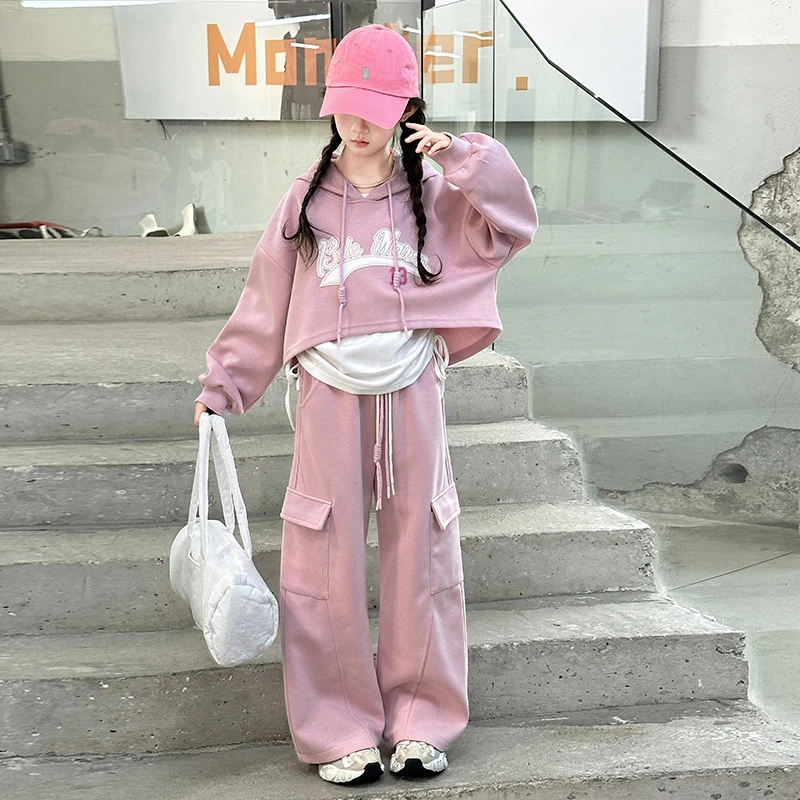 女童春秋韩版休闲运动套装2025新款洋气女孩连帽外套春装三件套潮