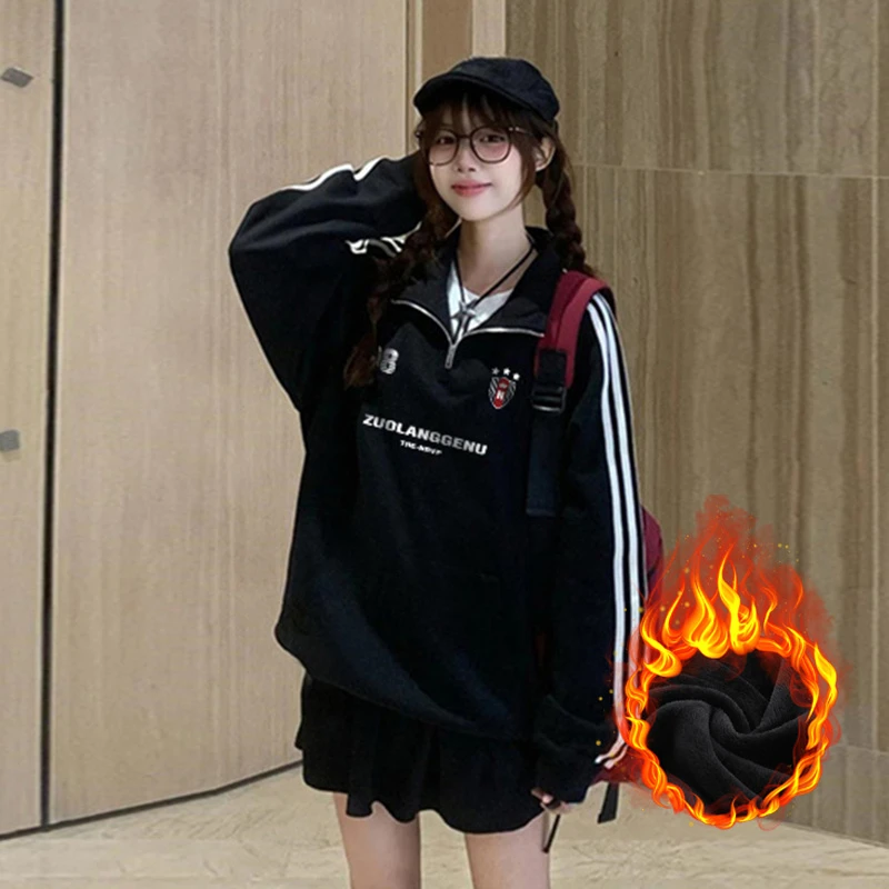 佐朗格奴百搭黑色POLO领卫衣女潮酷运动慵懒风上衣学生加绒厚长袖