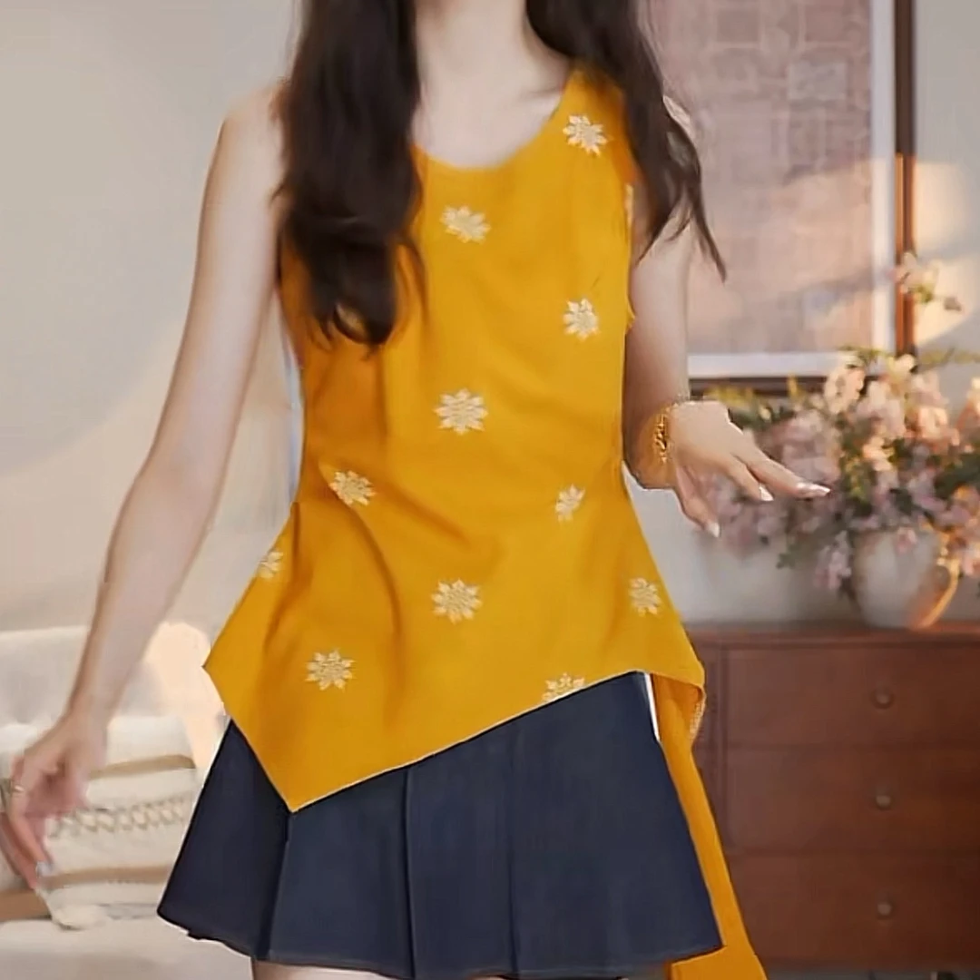 格纹不规则绑带收腰无袖背心女2025夏季新款设计感气质休闲上衣