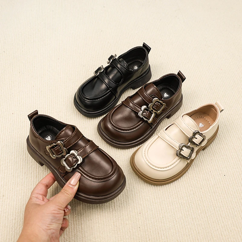 儿童英伦风小皮鞋纯色乐福鞋春秋新款软底魔术贴单鞋6160
