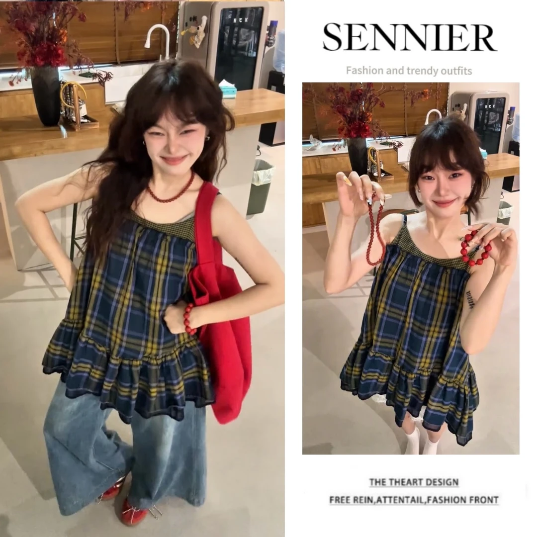 今年流行穿搭一整套2025新款时尚设计格子吊带上衣牛仔裤两件套装