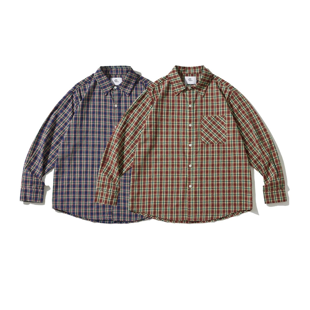 美式复古格纹长袖衬衫男女春秋衬衣情侣薄外套S2665