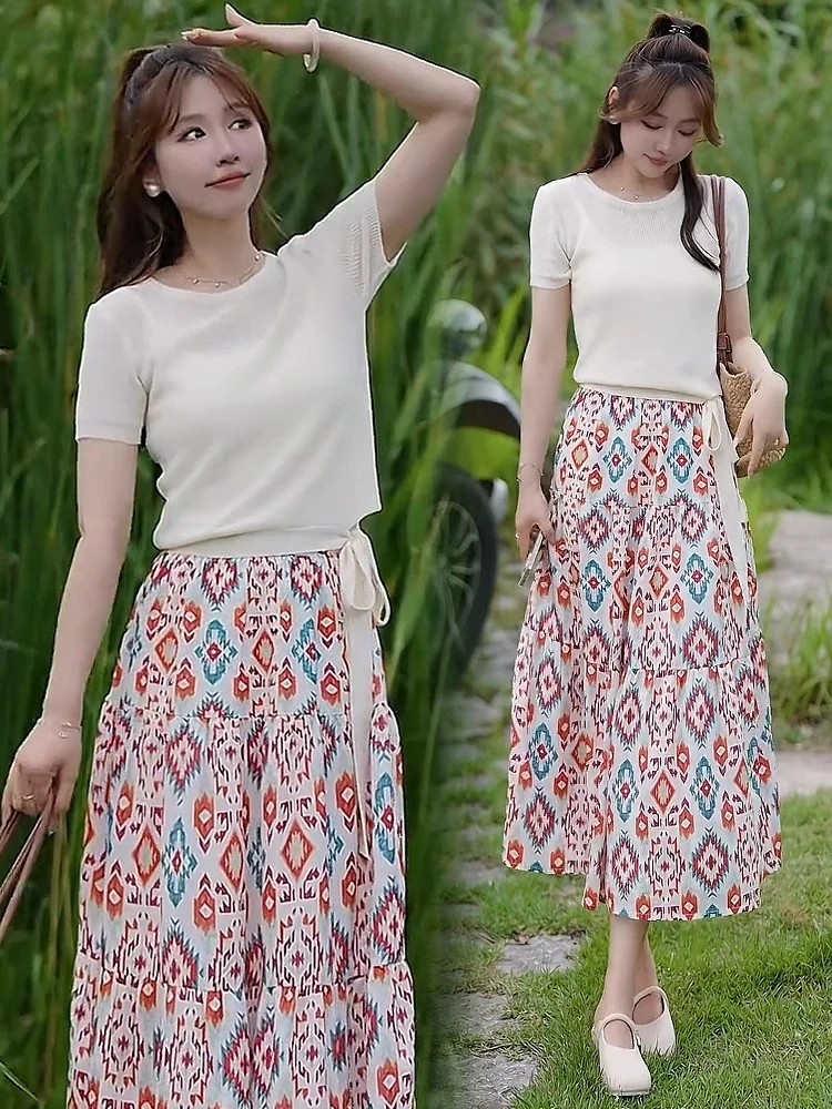 时尚套装裙女2025夏季新款洋气显瘦冰丝针织衫印花半身裙两件套裙