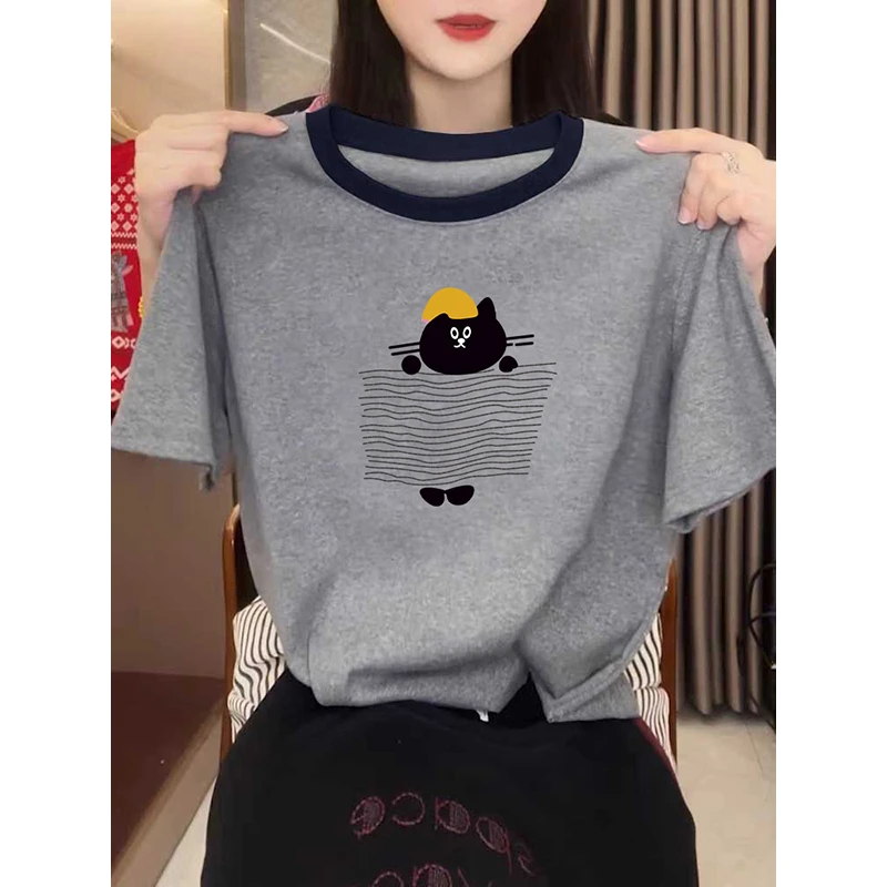 夏季新款小众领口拼色设计感正肩短袖t恤女时尚百搭洋气减龄上衣