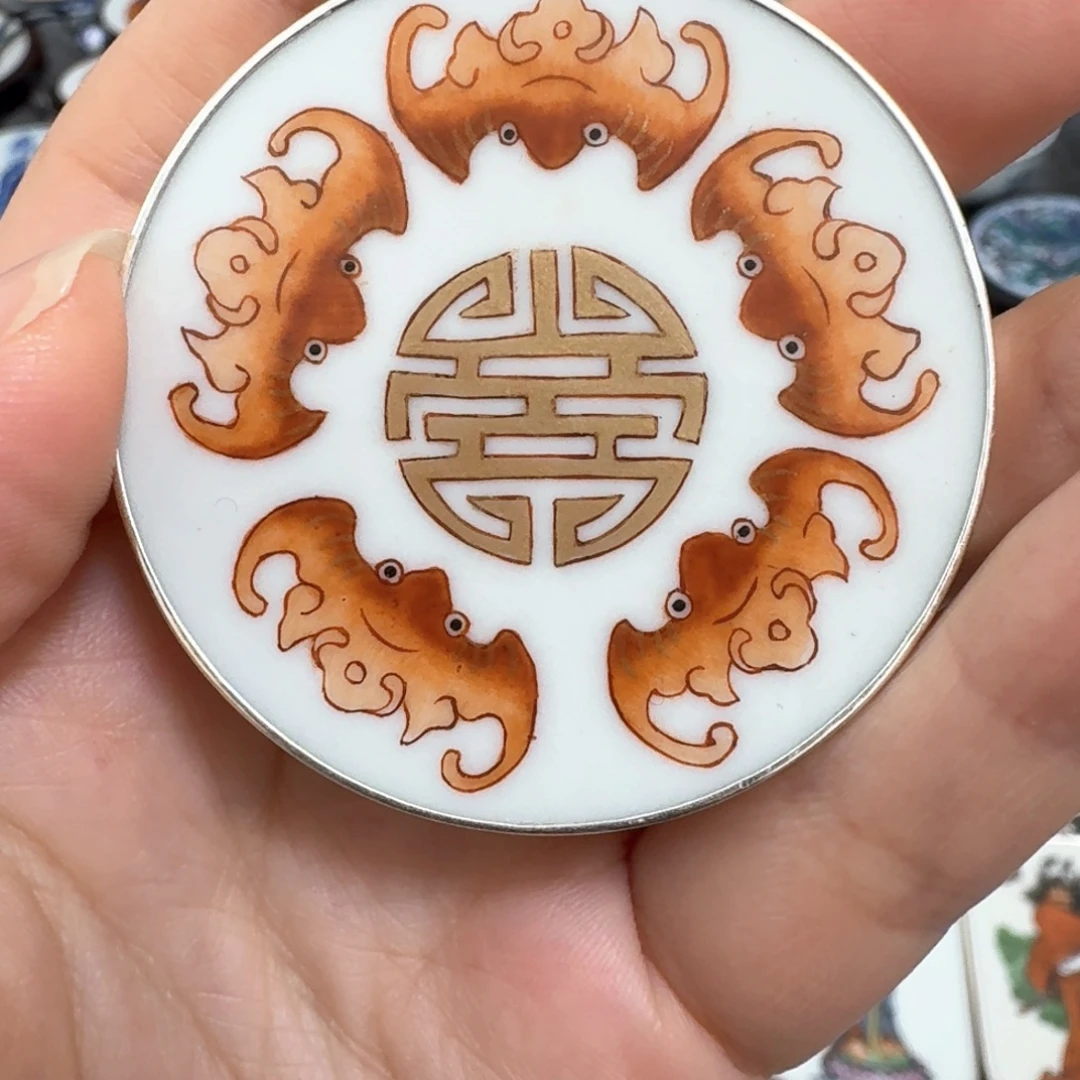 风***诺瓷片粉彩纯银五福挂件
