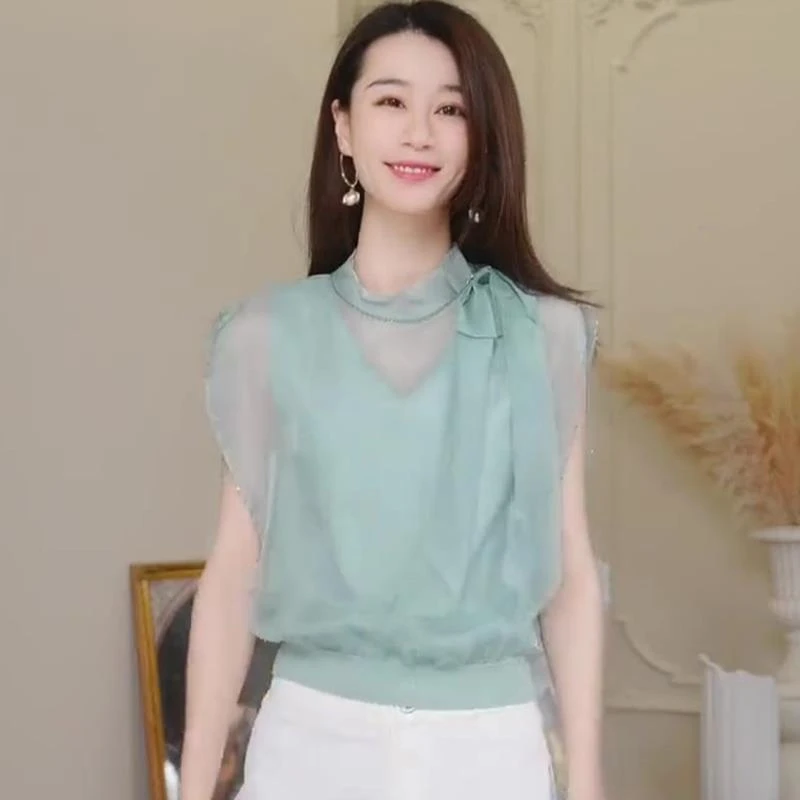VOCKOO官方法式绿色网纱拼接柔软亲肤薄款显瘦无袖T恤女2025夏季