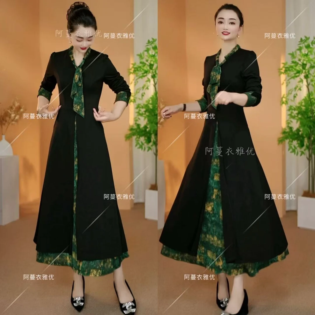 【衣雅严选】8089-2370#新款加厚罗马锦棉拼接弹力缎假两件连衣裙