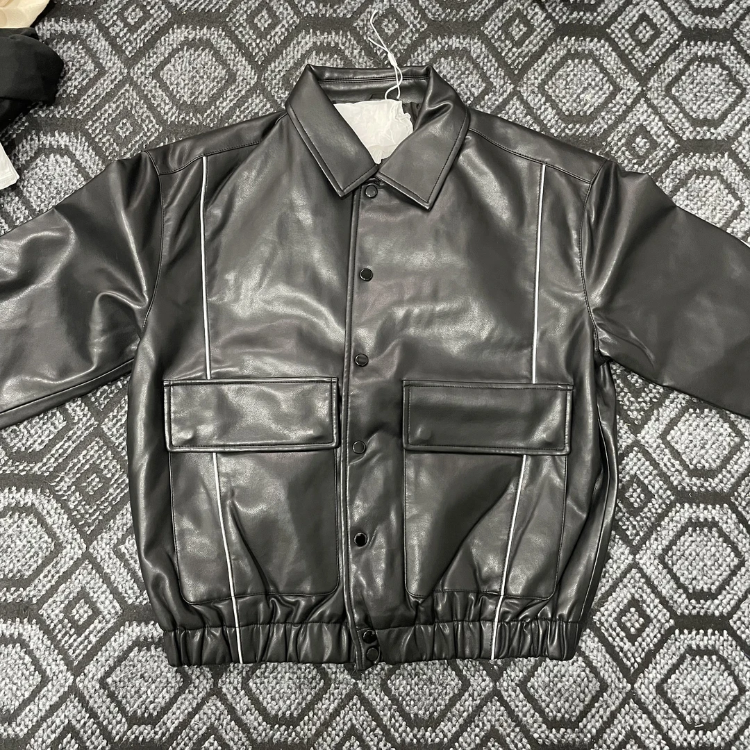 森家马黑色皮衣外套潮流保暖舒适宽松落肩夹克复古翻领