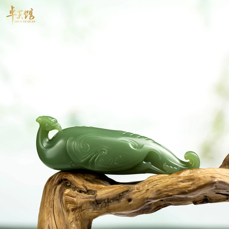 【卓玉馆】凤鸟 和田玉俄碧粉绿仿古圆雕手把件摆件大师 李卓作品