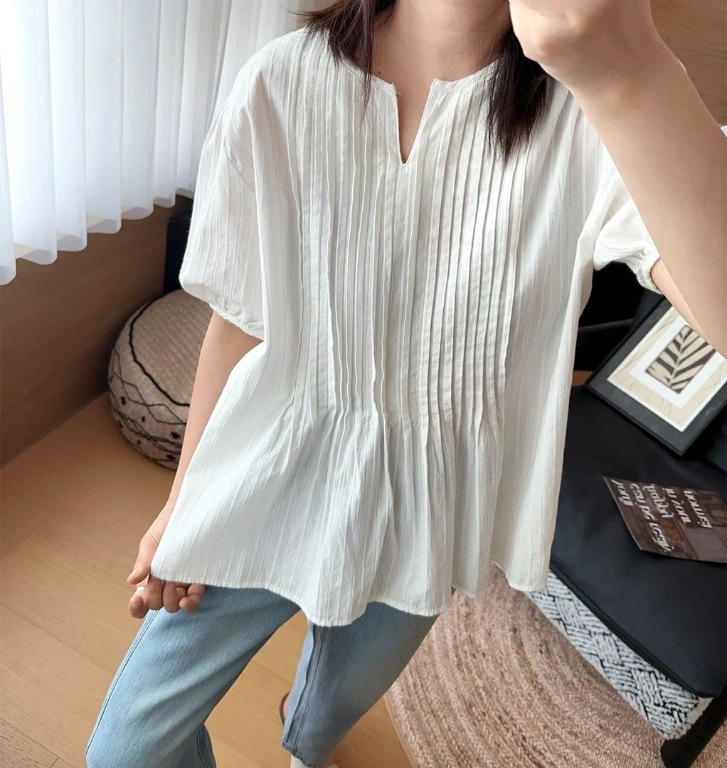 FUJIA STYLE新款韩版简约纯色百搭时尚肌理感百褶短袖衬衫B7762