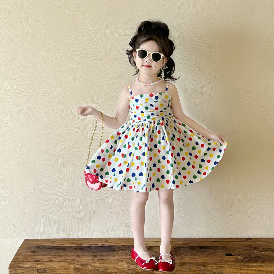【清】NL女童彩色爱心波点连衣裙洋气韩版儿童吊带公主裙