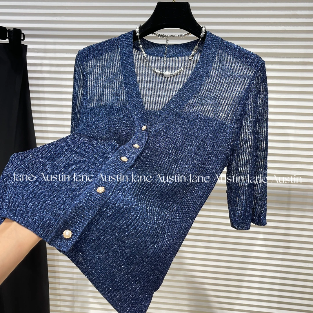Jane Austin （蔚蓝）2025新款轻奢百搭时尚针织开衫短袖女