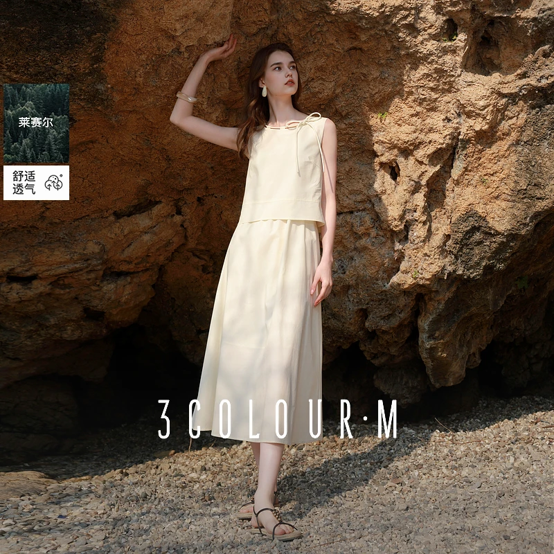 【莱赛尔】三彩2025夏季新款假两件连衣裙圆领无袖背心A字伞裙女M