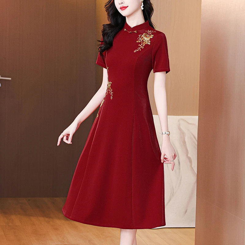 旗袍敬酒服喜婆婆婚宴装2025新款夏季礼服妈妈五月份衣服亮片绣花