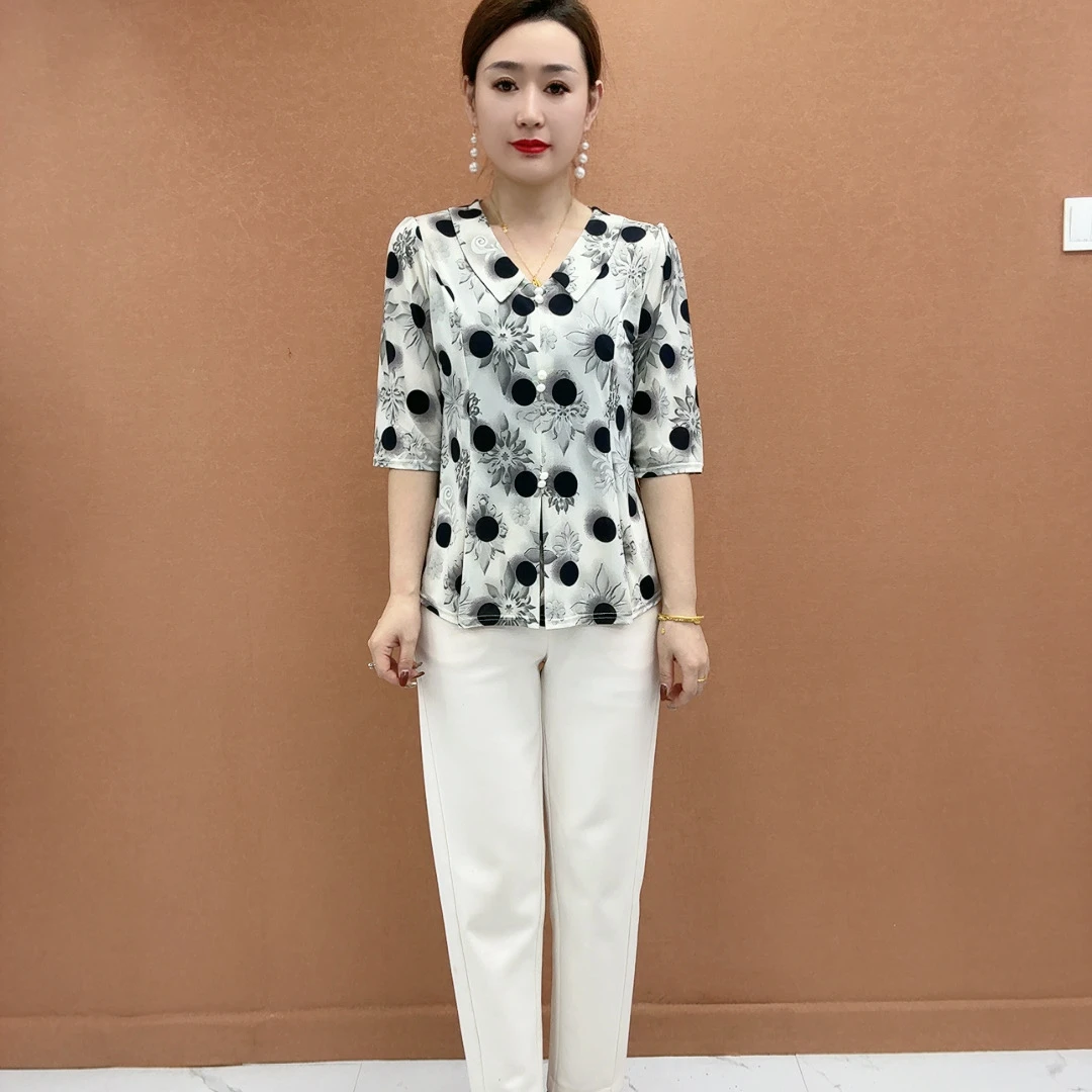 2025新款娃娃领减龄显瘦透气春夏休闲印花波点中老年女装思香&255