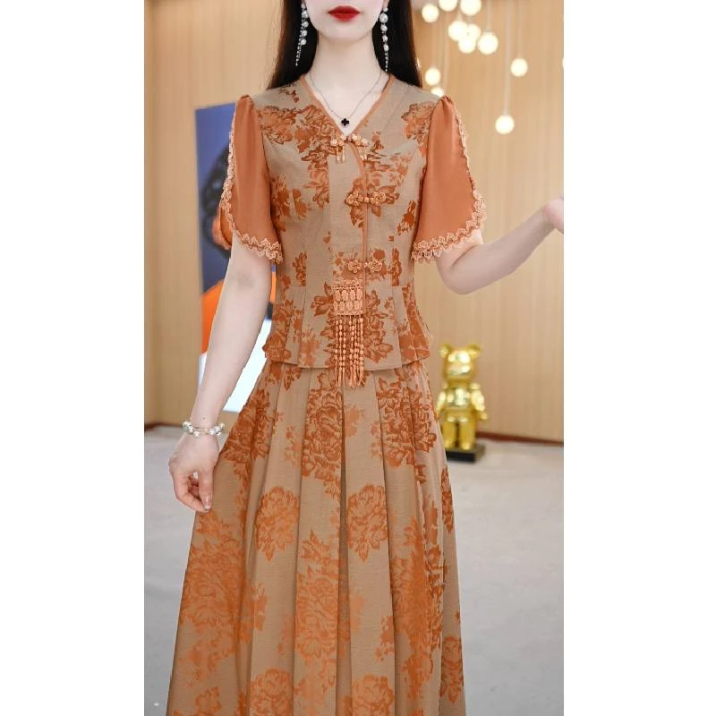 【上下套装】夏季新款V领新中式复古收腰通勤两件套套装裙M-4XL