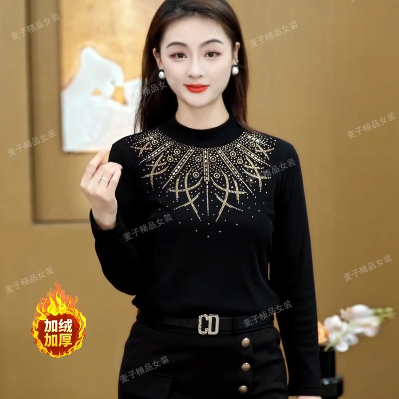 秋冬新款加绒加厚烫钻打底衫外穿内搭时尚洋气半高领网纱打底衫