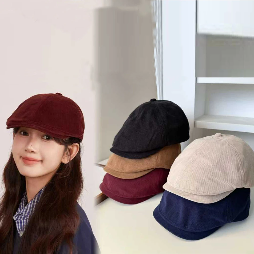 秋冬新款纯色灯芯绒前进帽女英伦风复古文艺显脸小画家帽鸭舌帽潮
