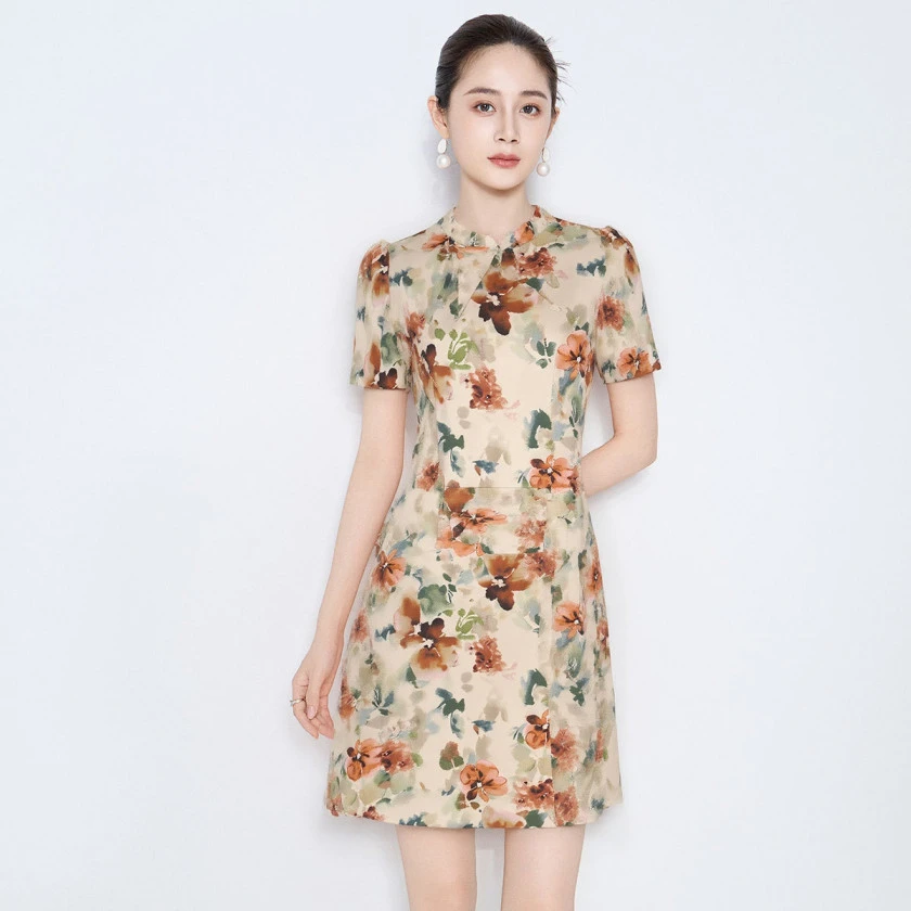 【福利专属】马天奴印花旗袍立领设计精致花卉图连衣裙女VHSE93DRX0