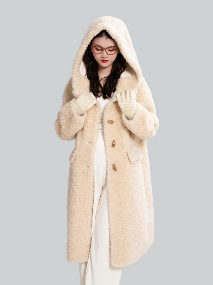 冬季新款韩版休闲女士100羊毛中长款外套显瘦气质保暖连帽大衣