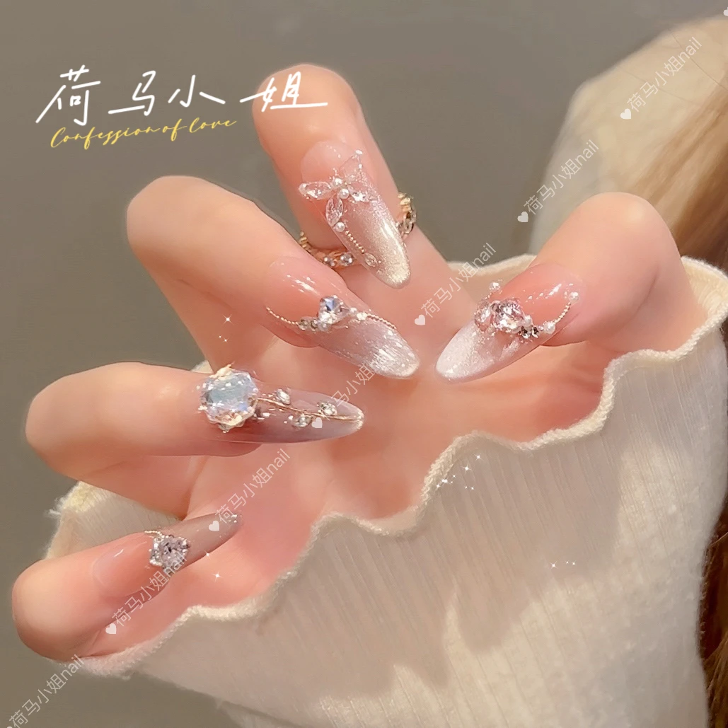 【玫瑰之约】粉色心动显白爆闪手工高级温柔猫眼可拆卸穿戴甲贴片