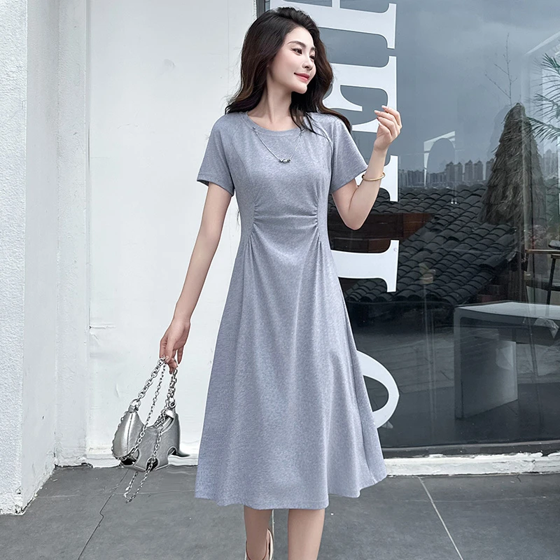 中长款短袖连衣裙女夏季新款时尚洋气质韩版收腰显瘦休闲打底裙子