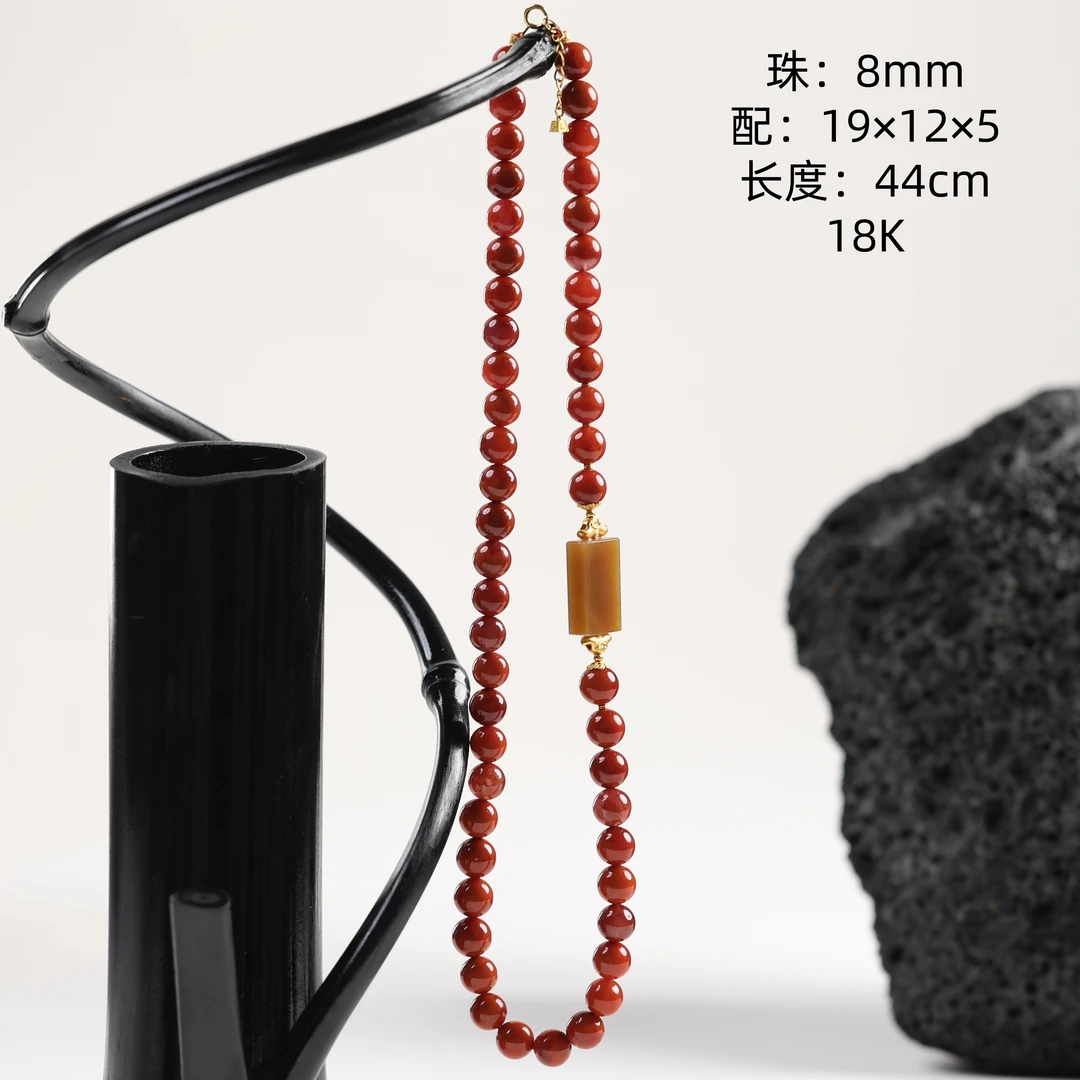 "宏图"原创设计精品和田玉糖玉天然原矿南红8mm项链
