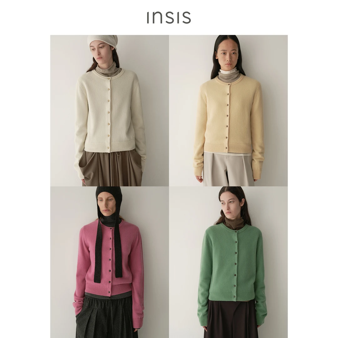 INSIS FEMME纯色糖果美丽诺羊毛2025新款简约圆领长袖针织开衫女