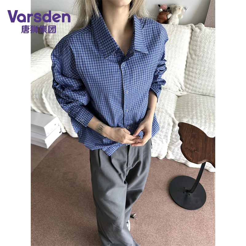 唐狮集团Varsden蓝色衬衫男夏季新款休闲长袖复古宽松潮流格子衫