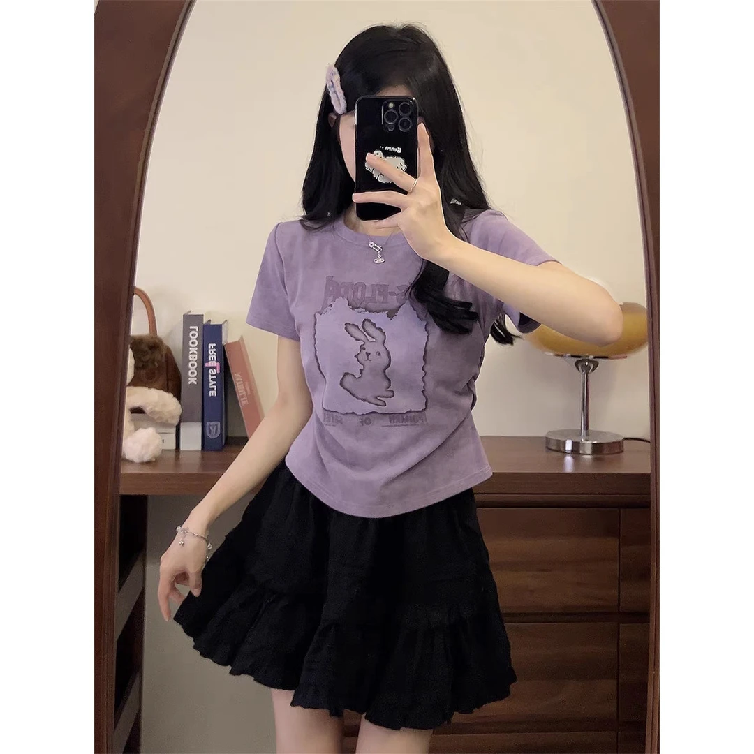 【大码】8134可爱兔子印花扎染正肩短袖t恤女复古显瘦收腰短款上衣