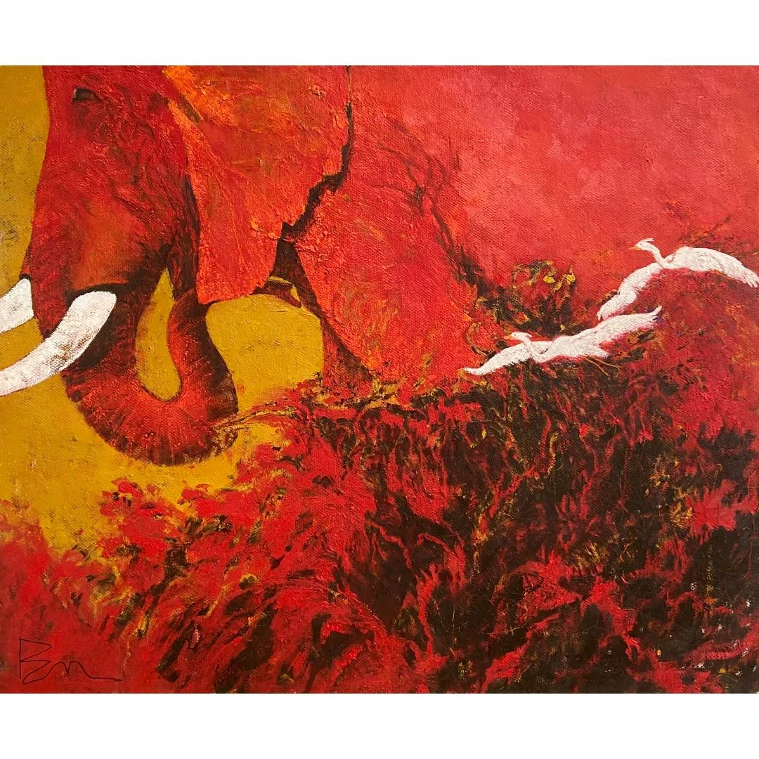 909卜明原创手绘油画作品《红象》100*120cm适用于客厅玄关