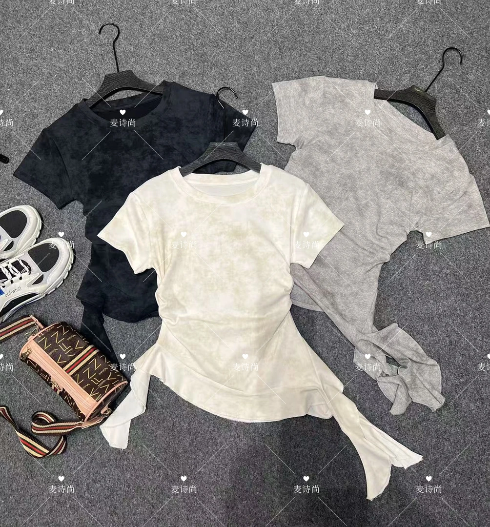 【扎染荷叶下摆T恤】2025新款飘带设计短袖圆领显瘦小衫洋气上衣