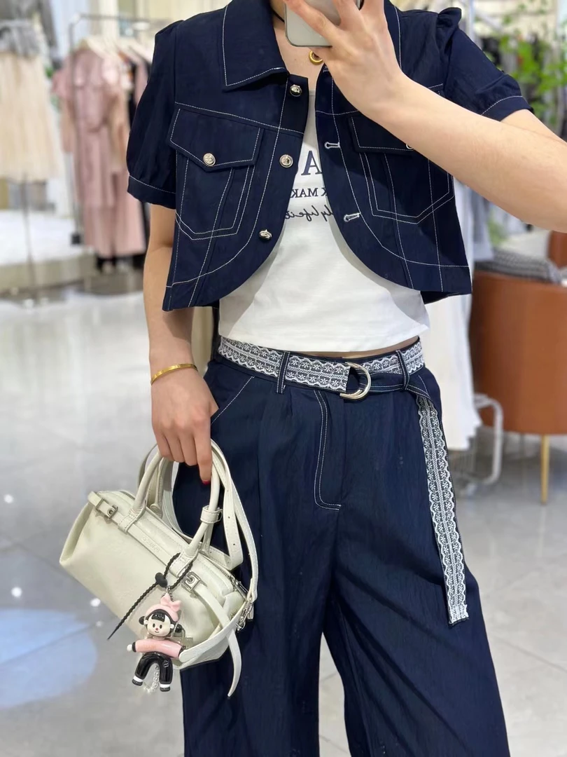 25夏新款水洗牛仔短袖+吊带背心+宽松直筒阔腿裤时尚气质三件套