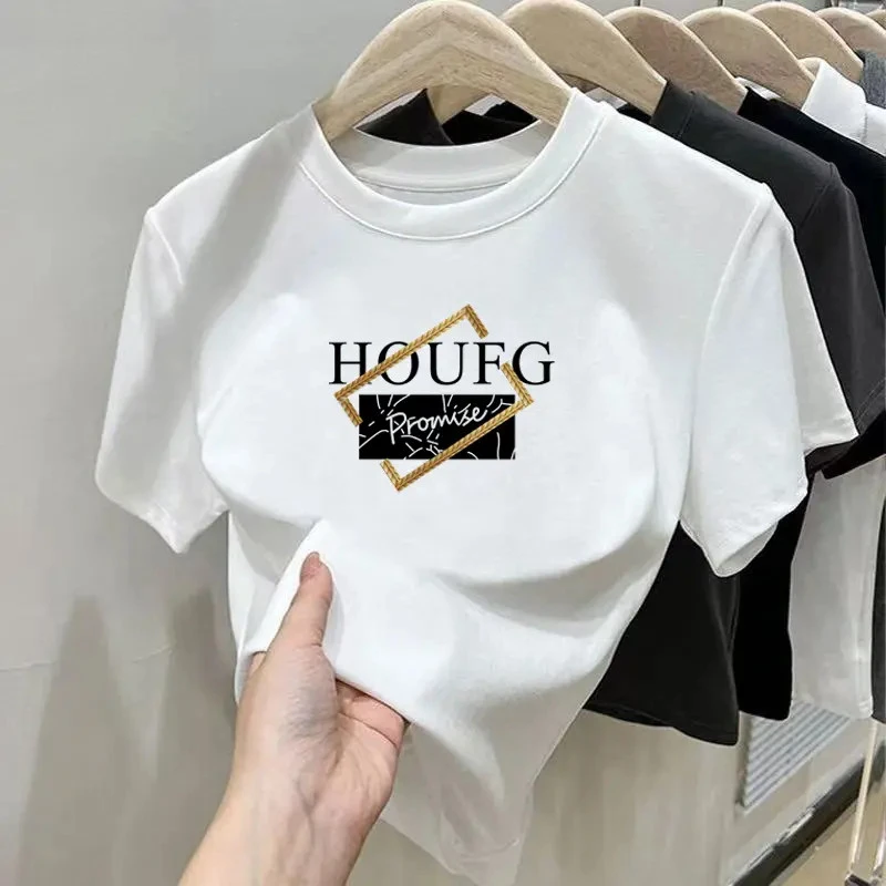 2025春夏秋冬季磨毛正肩白色短袖t恤女时尚百搭加厚款上衣打底衫