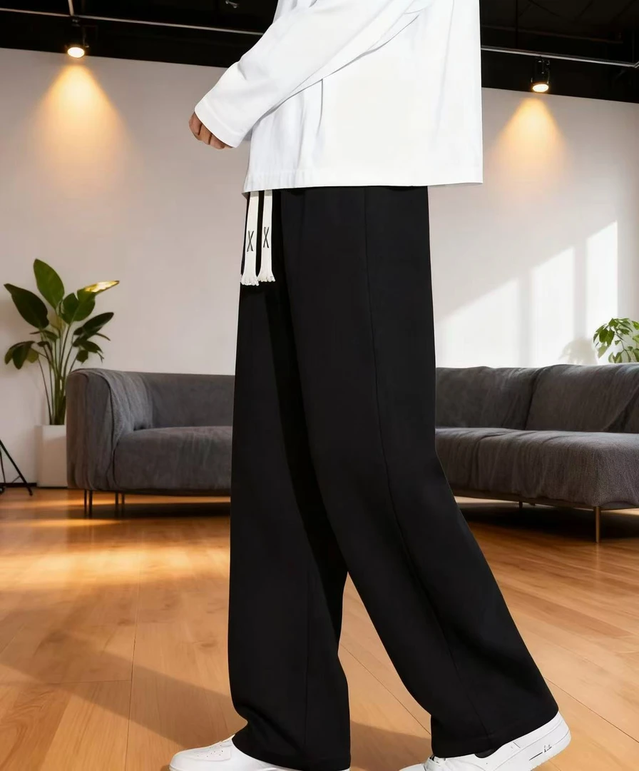 男女同款春秋黑色直筒休闲裤中腰口袋春季直筒大码显高宽松