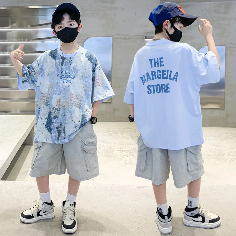 男童夏季短袖t恤2025新款帅气中大童纯棉半袖T恤时髦儿童潮流套装