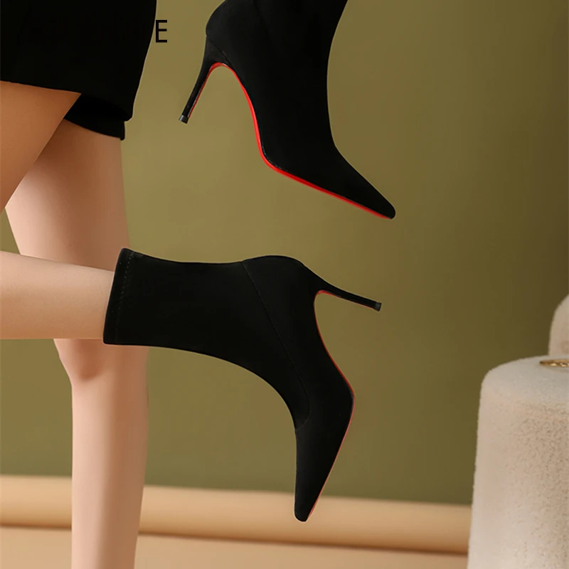 Daphne/达芙妮尖头高跟裸靴黑色弹力靴透气袜靴细跟法式瘦瘦靴