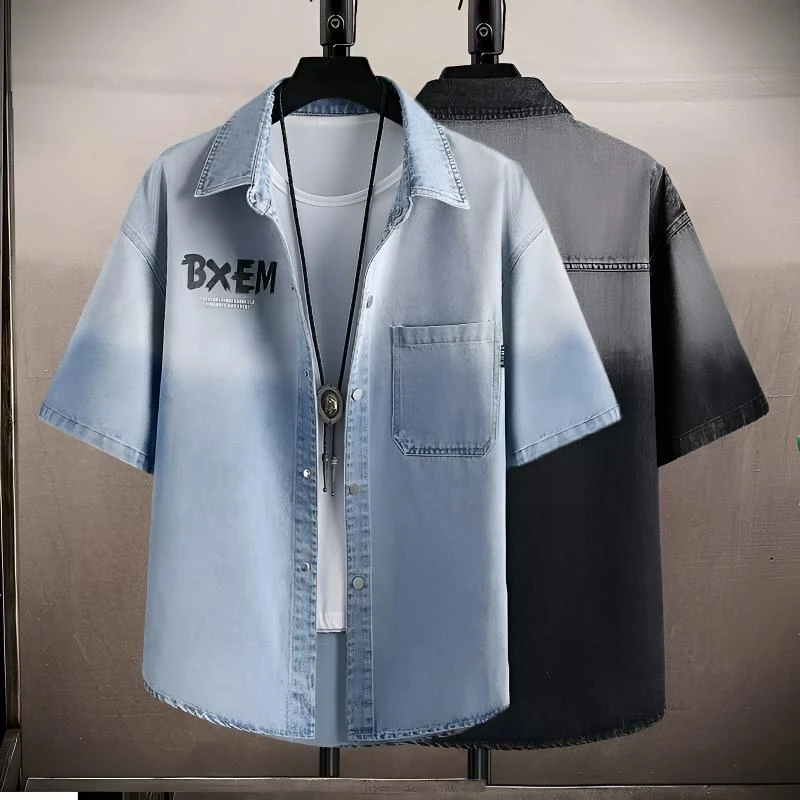 夏季牛仔短袖衬衫男士休闲宽松渐变工装外套薄款五分半袖百搭衬衣