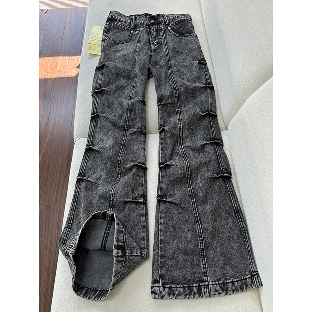 美式高街牛仔裤男春秋款男生废土风水洗褶皱设计感裤子阔腿喇叭裤